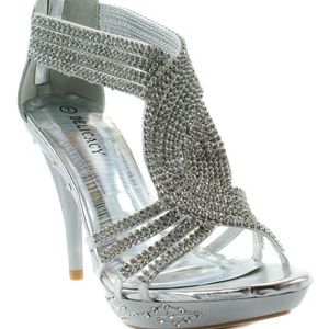 Super Cute! Silver Rhinestone Heels, Elegant Sz 7